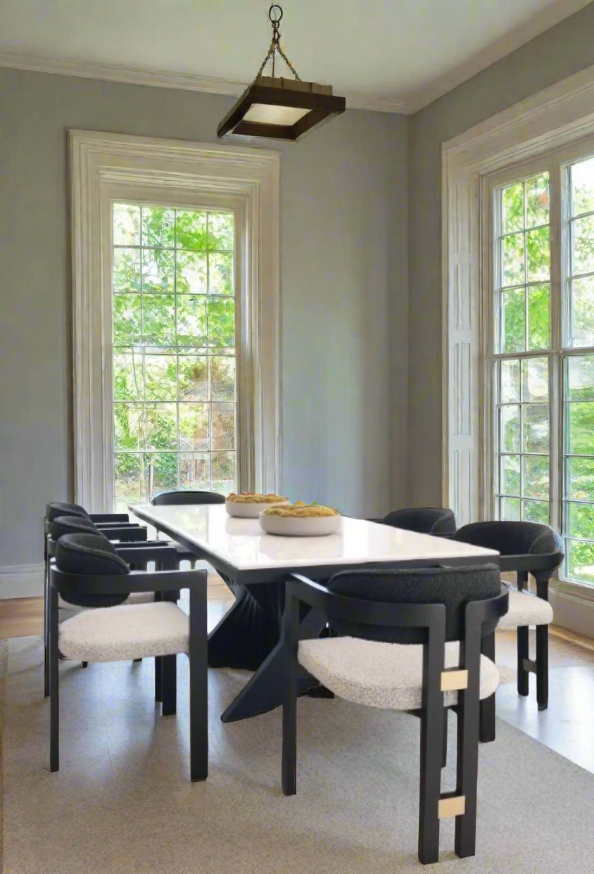 Conan 92" Long Marble Top Dining Table Set for 8 in Black and White
