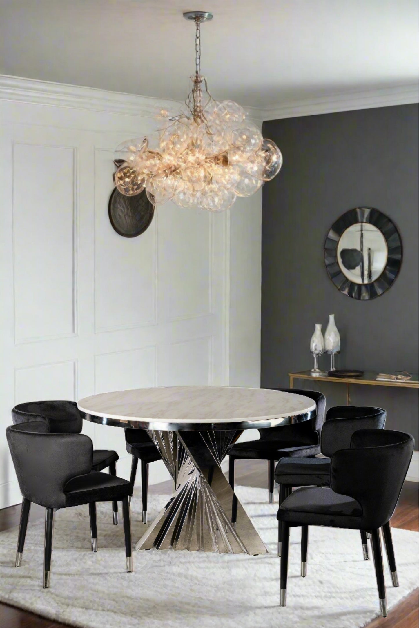 Waterfall Marble Top Architectural Round Chrome Dining Table for 6