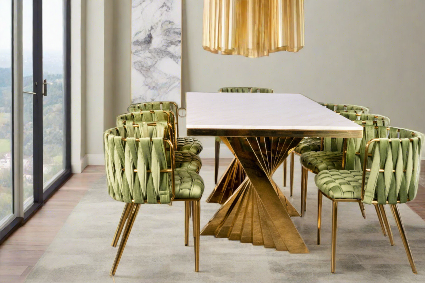dining set with green chairs