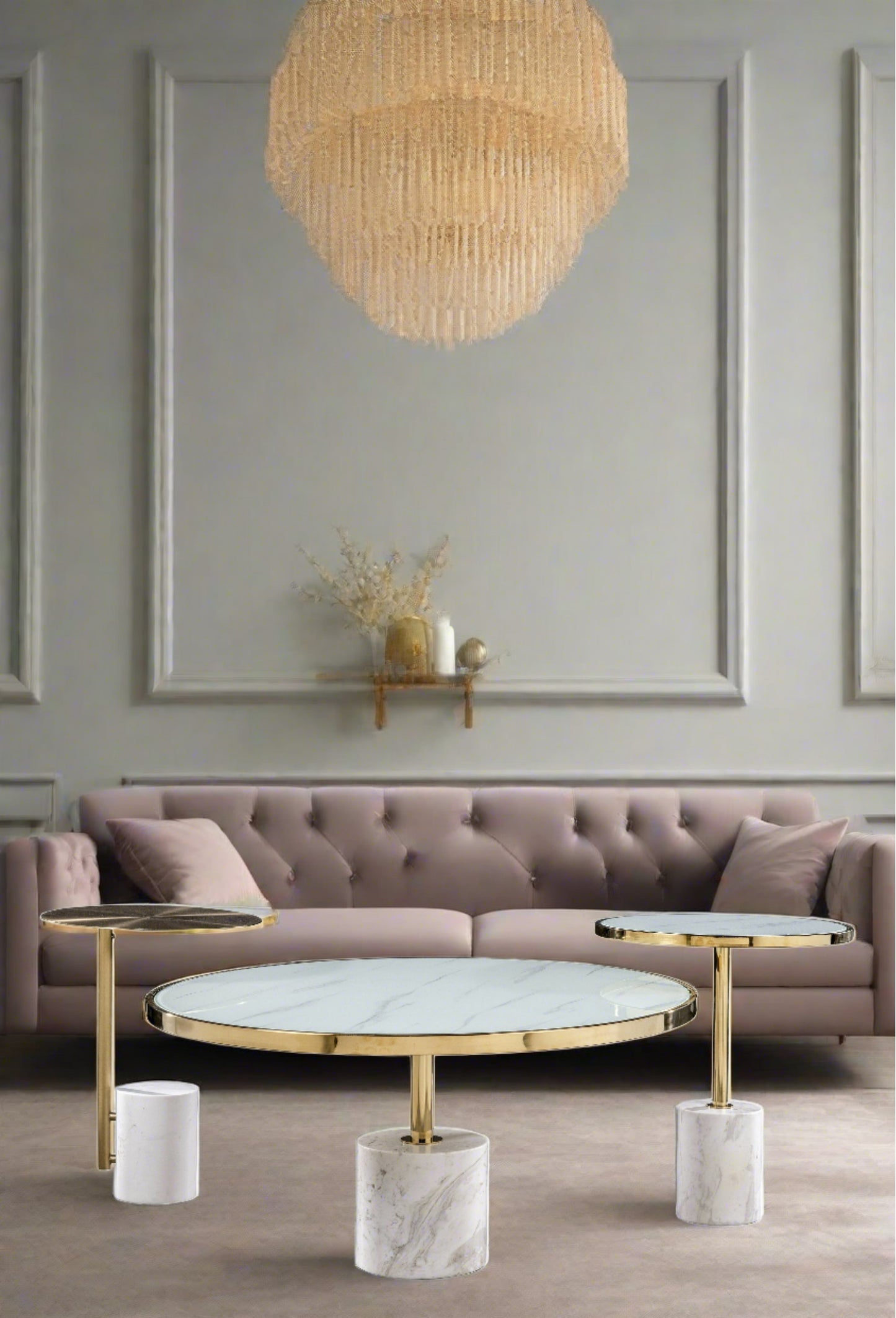 Kaia Set of 3 Marble Base Coffee Table Set-White and Gold