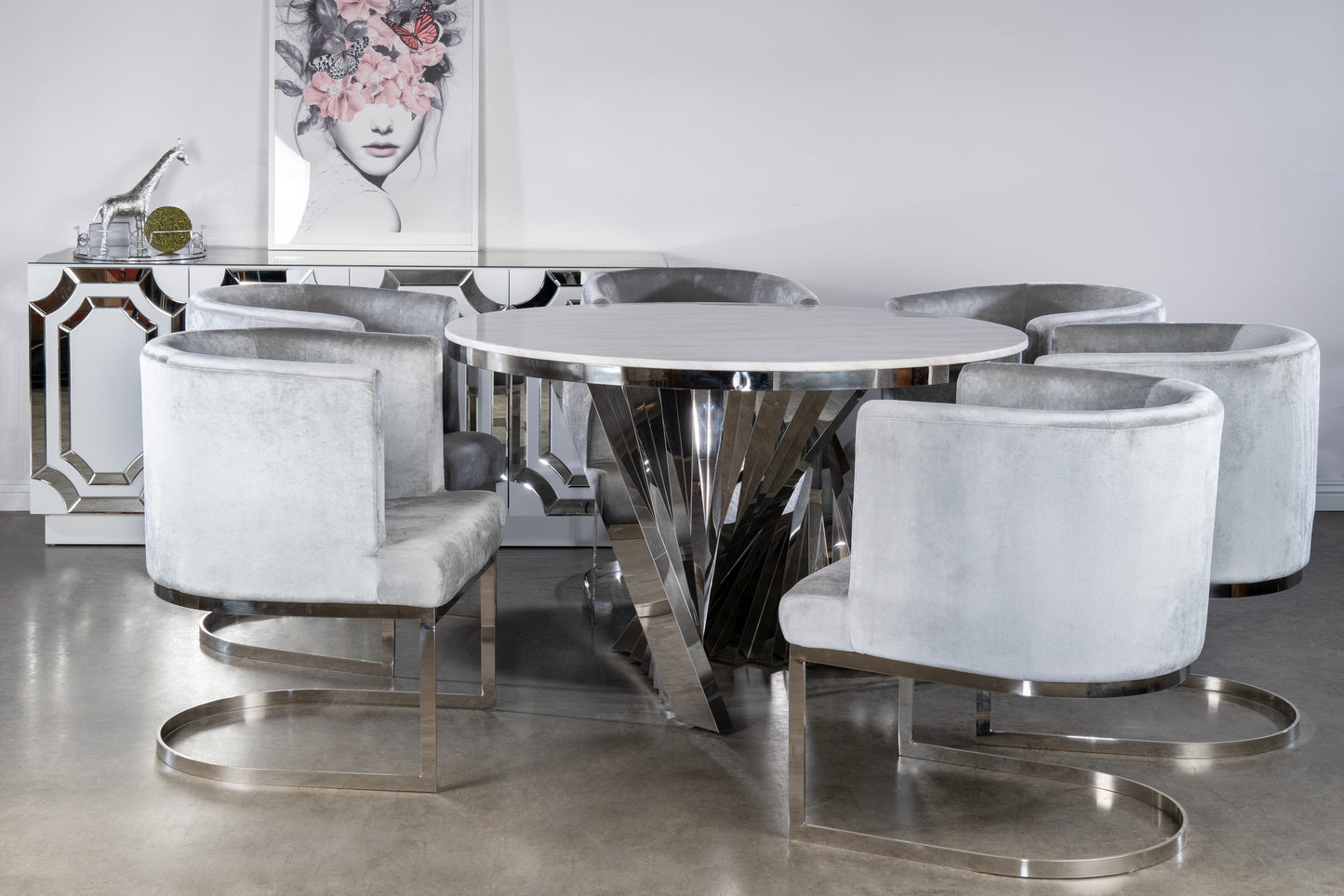 Waterfall Marble Top Architectural Round Chrome Dining Table for 6
