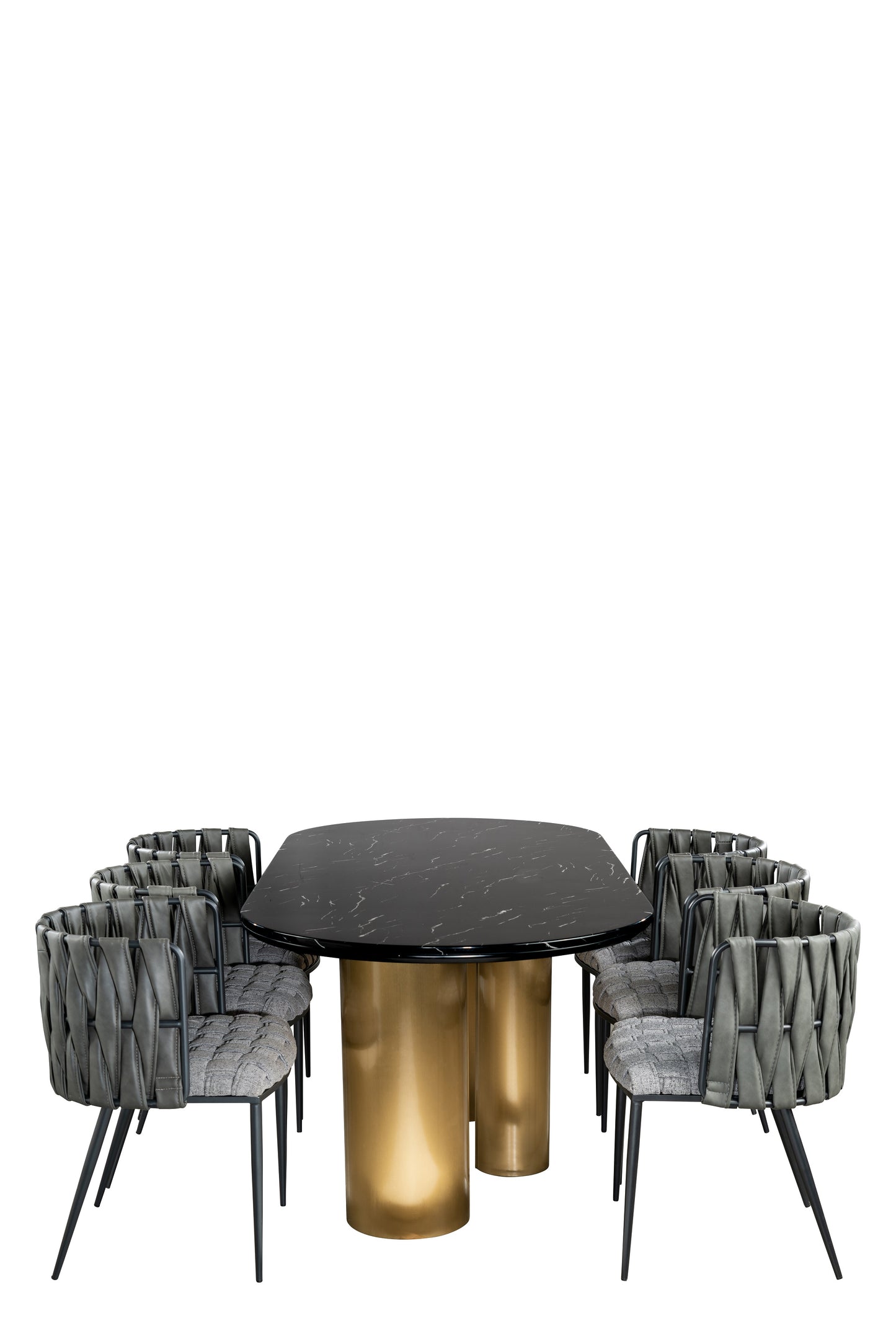 Balmain Marble Top Gold Oval Dining Table for 6 with Gray and Black Chairs