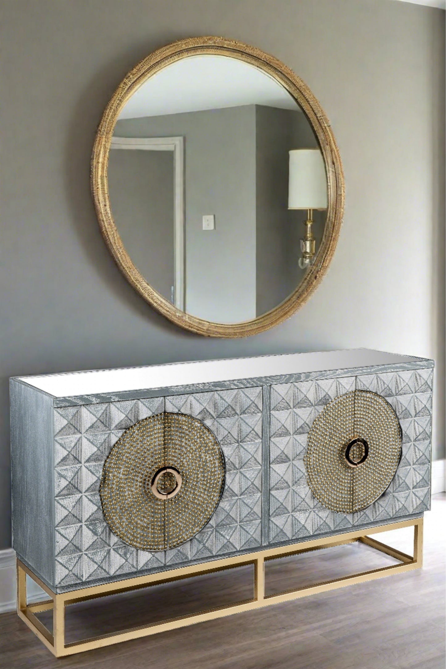 gray spike gold studded sideboard with  mirrored top