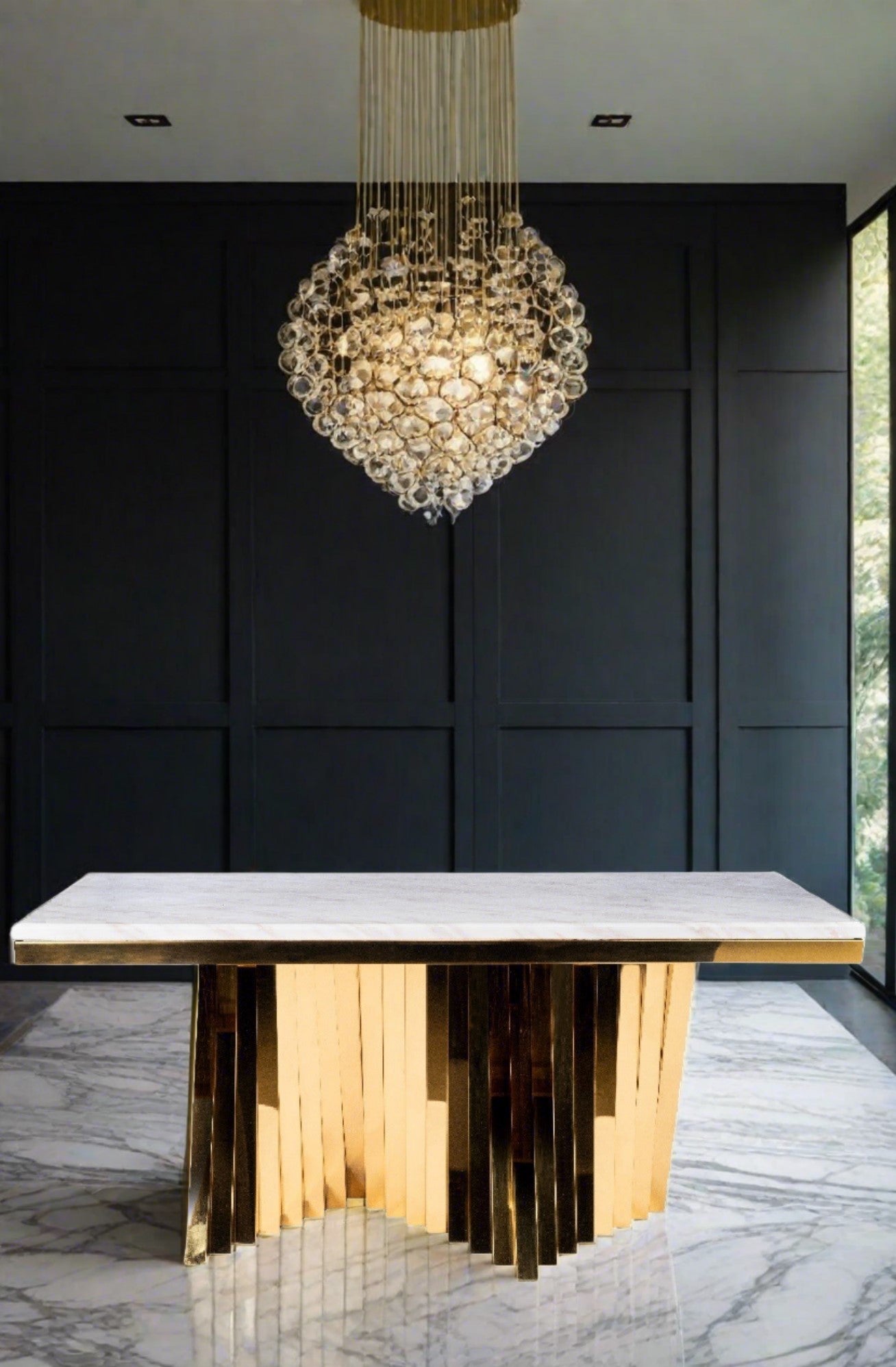 Waterfall Rectangular Marble Top Dining Table in Gold