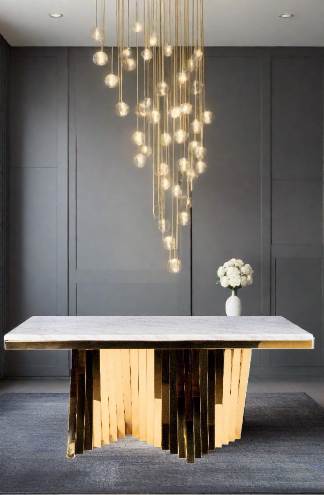 Waterfall Rectangular Marble Top Dining Table in Gold
