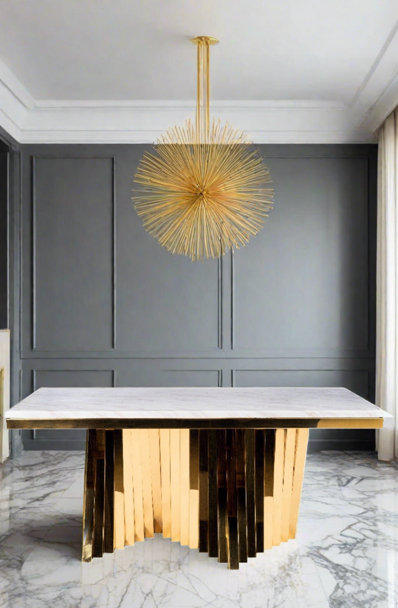 Waterfall Rectangular Marble Top Dining Table in Gold
