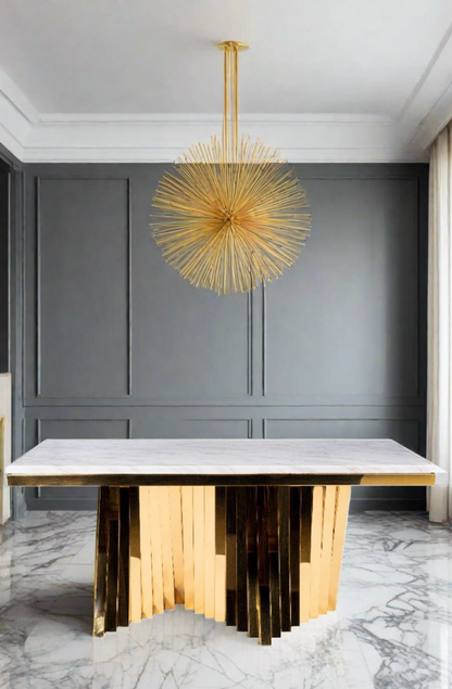Waterfall Rectangular Marble Top Dining Table in Gold