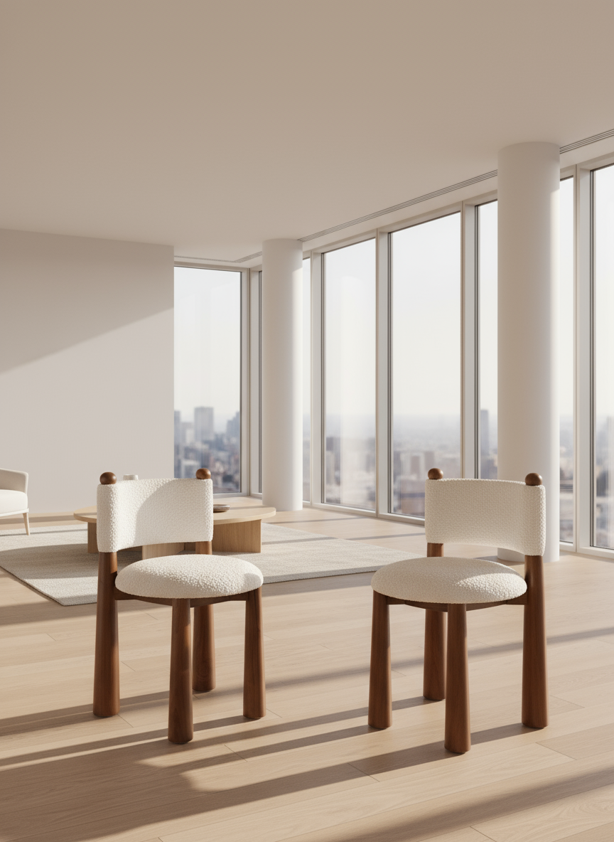 Talia White Boucle Dining Chair with Wood Cone Legs