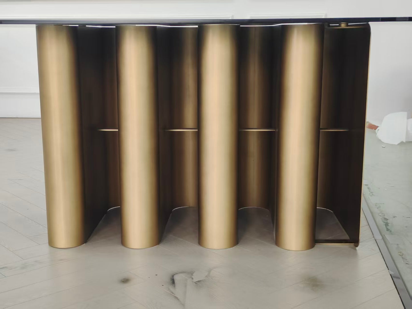 Romeo Glass Top Sculptural Oval Dining Table for 8 in Brass