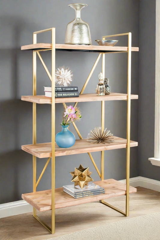 wood and gold tall etagere bookcase 