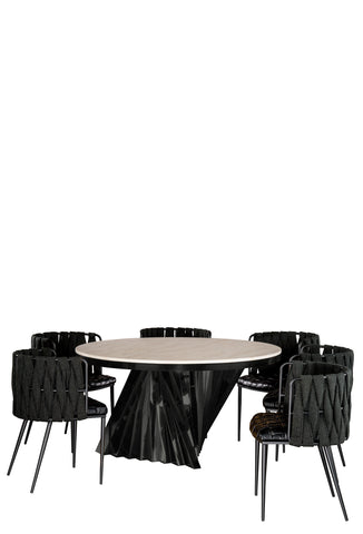 Waterfall Round Black Dining Set for 6 with Black Chairs
