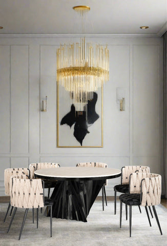 Waterfall Round Black Dining Set for 6 with Black and White Chairs