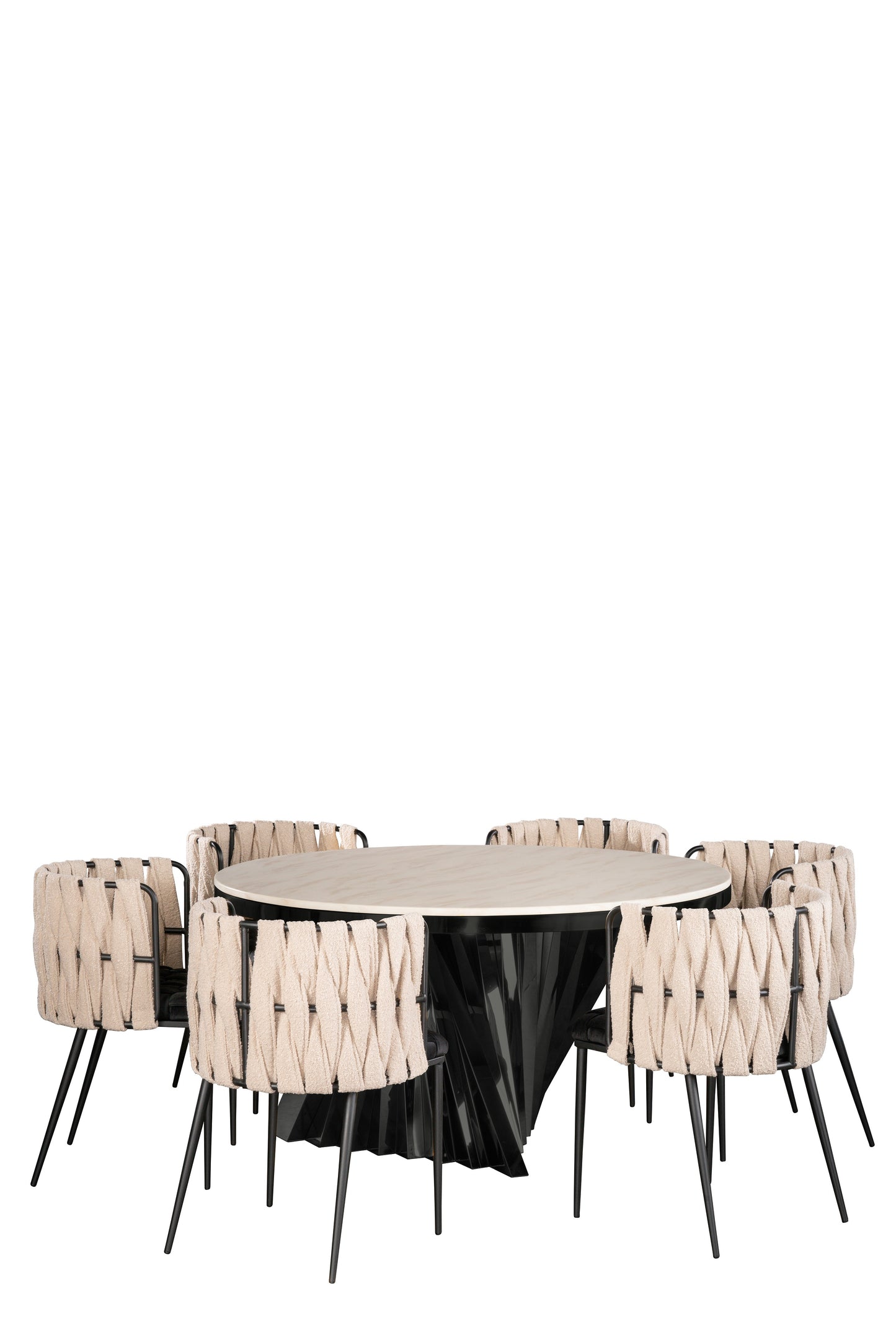 Waterfall Round Black Dining Set for 6 with Black and White Chairs