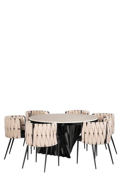 Waterfall Round Black Dining Set for 6 with Black and White Chairs-PRE-ORDER