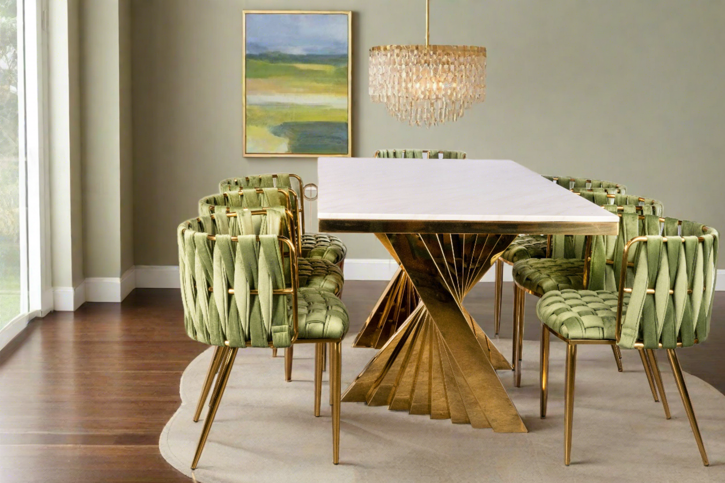 Waterfall Rectangular Marble Top Dining Table in Gold