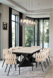 marble top modern black dining table for 8 with black and white wave curved chairs