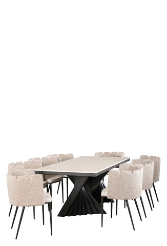 Black Waterfall Dining Set for 8 with Scallop Off White Chairs