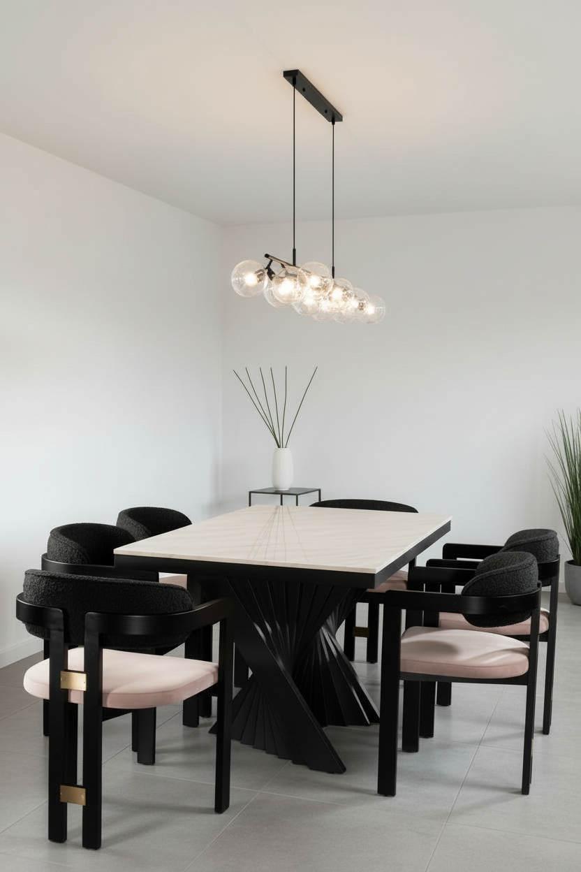 Conan 71" Long Black Dining Table Set for 6 with Mauve Chairs