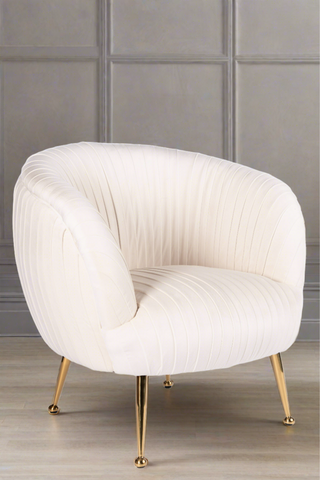 white pleated modern accent chair with gold legs