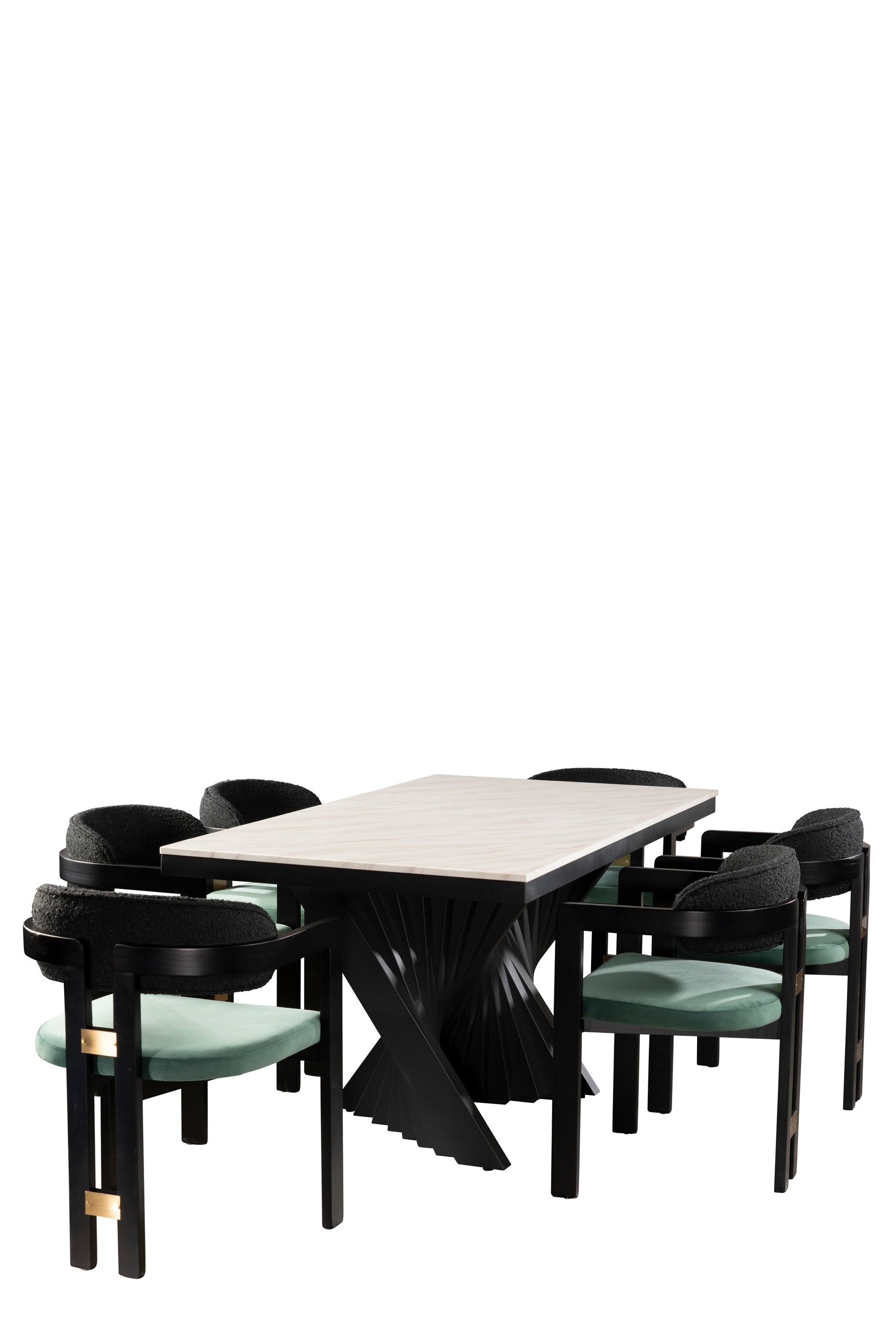 Dining table with six green chairs 