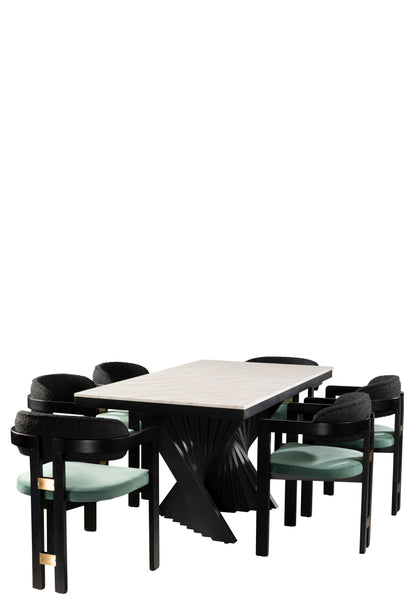 Dining table with six green chairs 