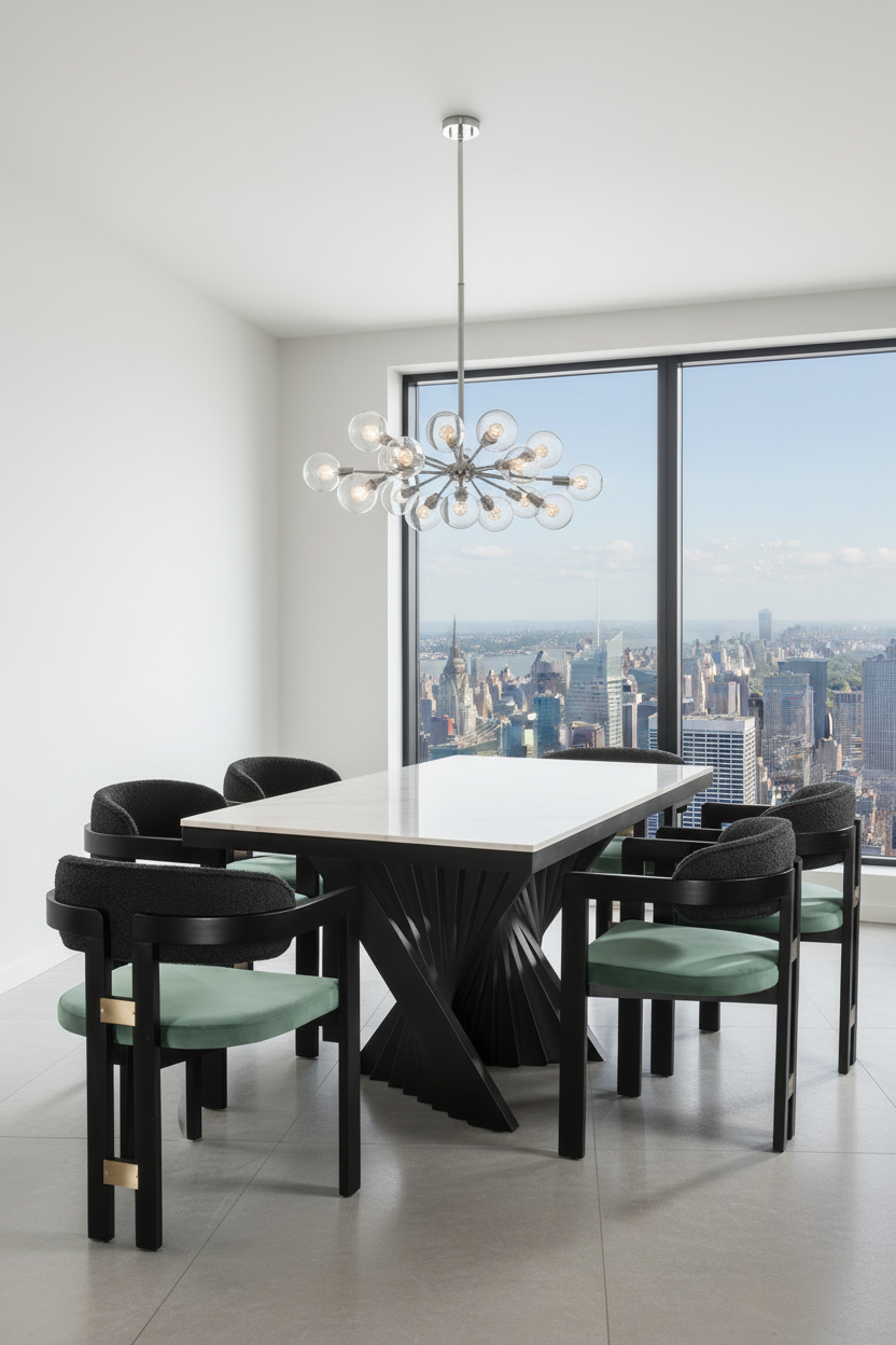modern chic dining table set for 6 with green chairs