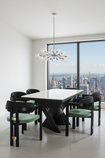 modern chic dining table set for 6 with green chairs