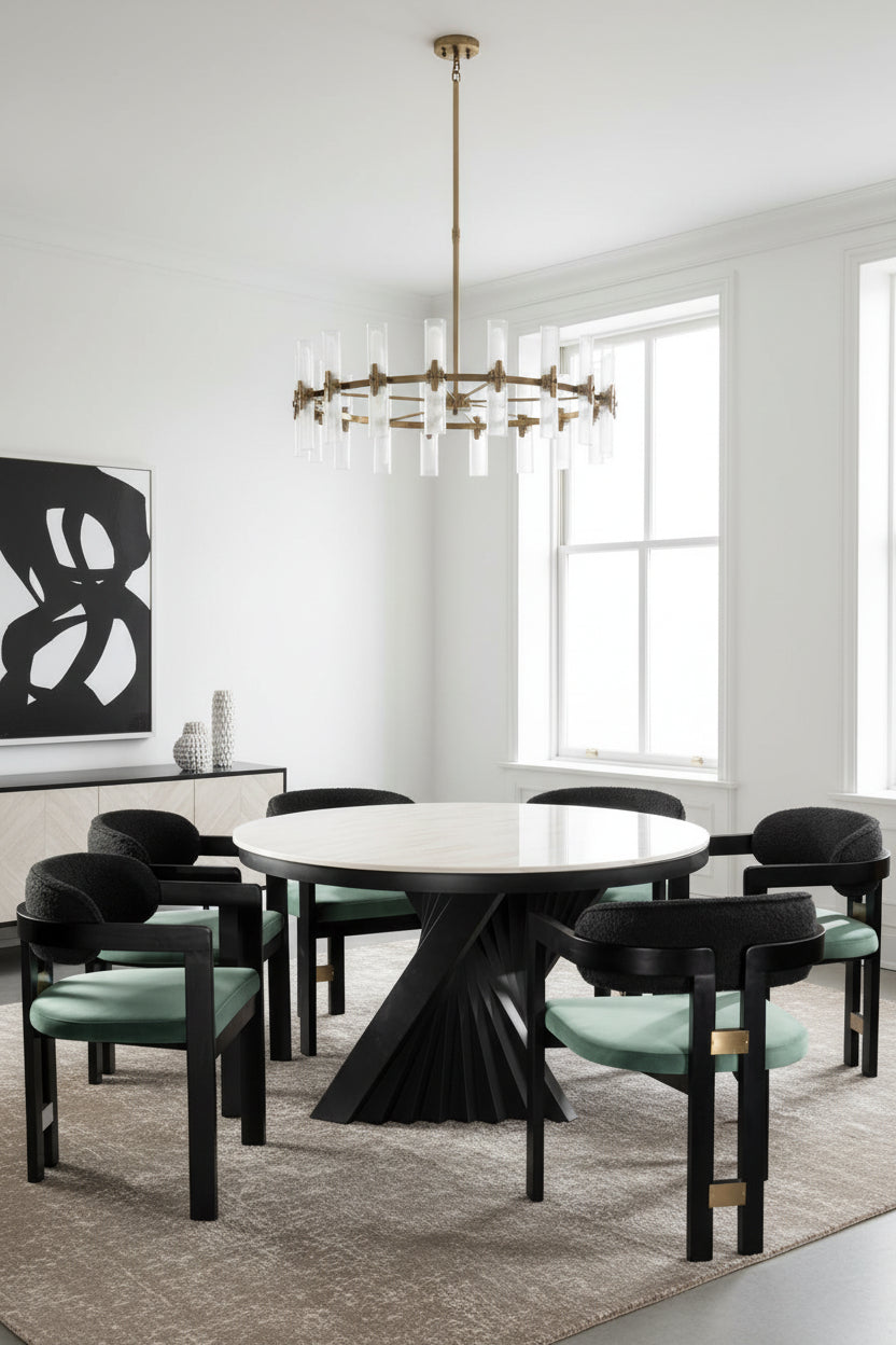 modern dining table set with green chairs