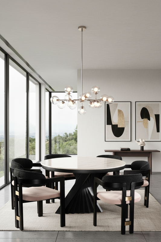 Modern dining room table set with mauve chairs