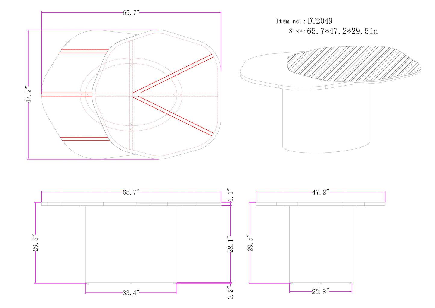 Modern 66" long  Irregular Kaylee Dining Table for 6