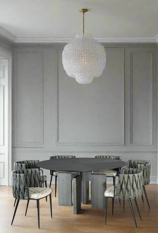 Adonis Round Dining Table Set for 6 with Gray and White Chairs