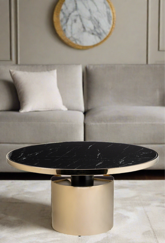 black marble top round modern coffee table in gold 