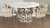 white round wood top dining table set with silver  base  for 6