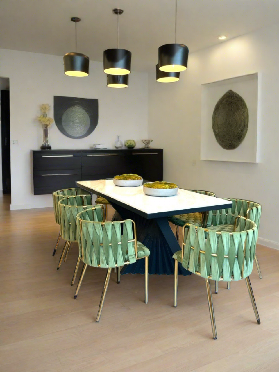 contemporary dining table set for 8 on green and black