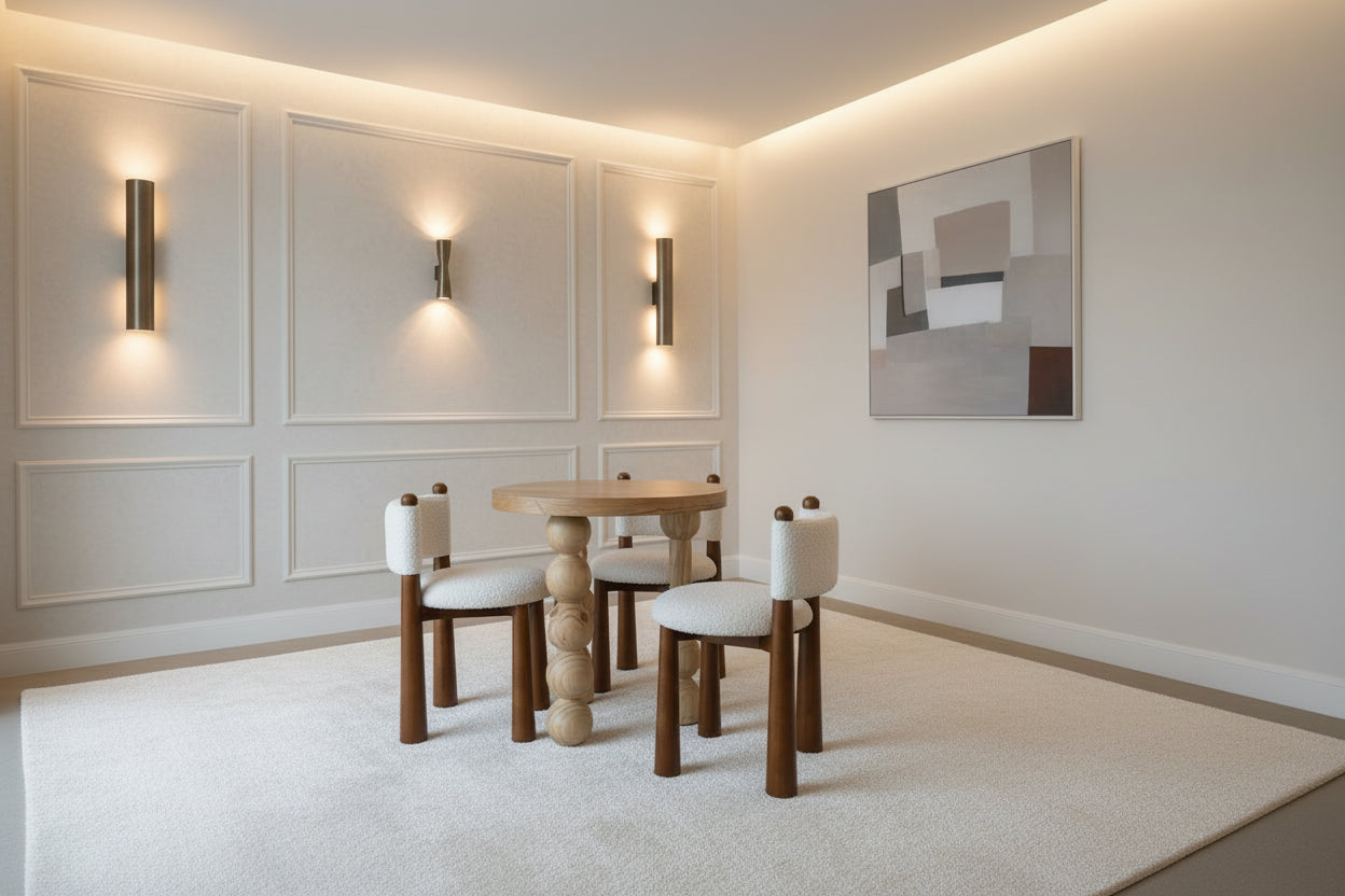 Talia White Boucle Dining Chair with Wood Cone Legs