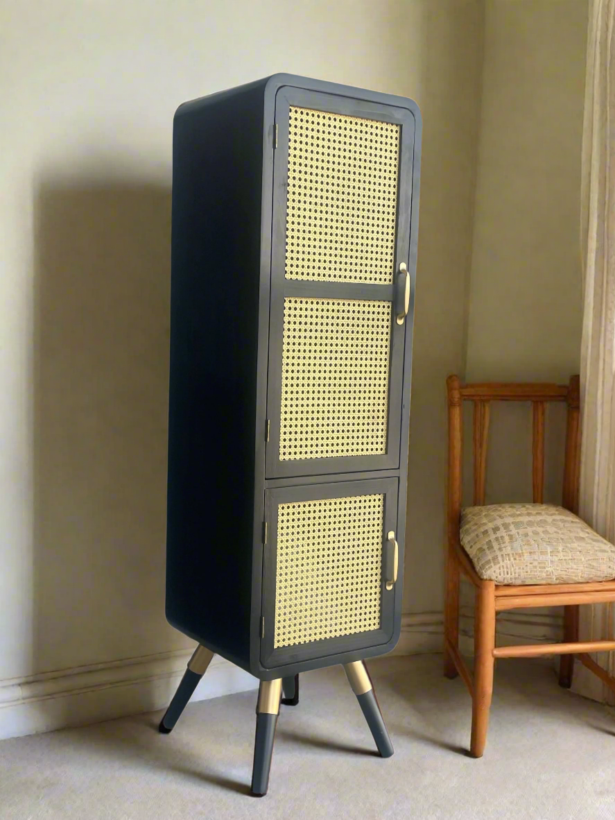Shia Black Tall Cane Accent Cabinet