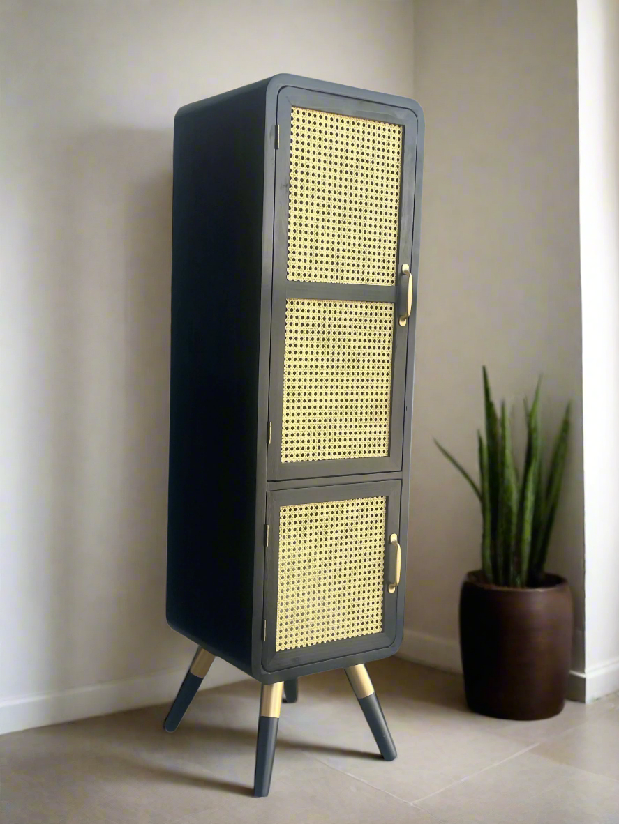 Shia Black Tall Cane Accent Cabinet