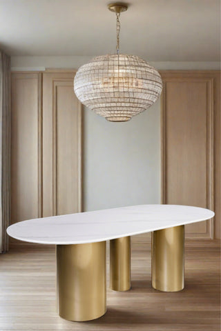 White Marble Top Gold Oval Dining Table for 6