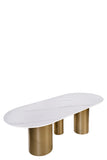 Balmain Stone Top Oval Dining Table for 6 with Black and White Chairs
