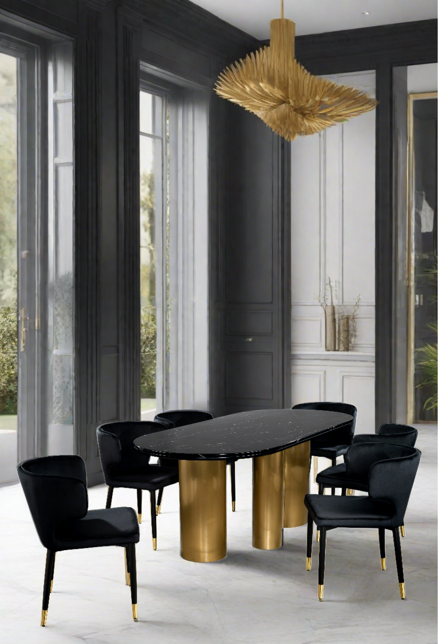 Balmain Stone Top Oval Dining Table for 6 with Black Chairs