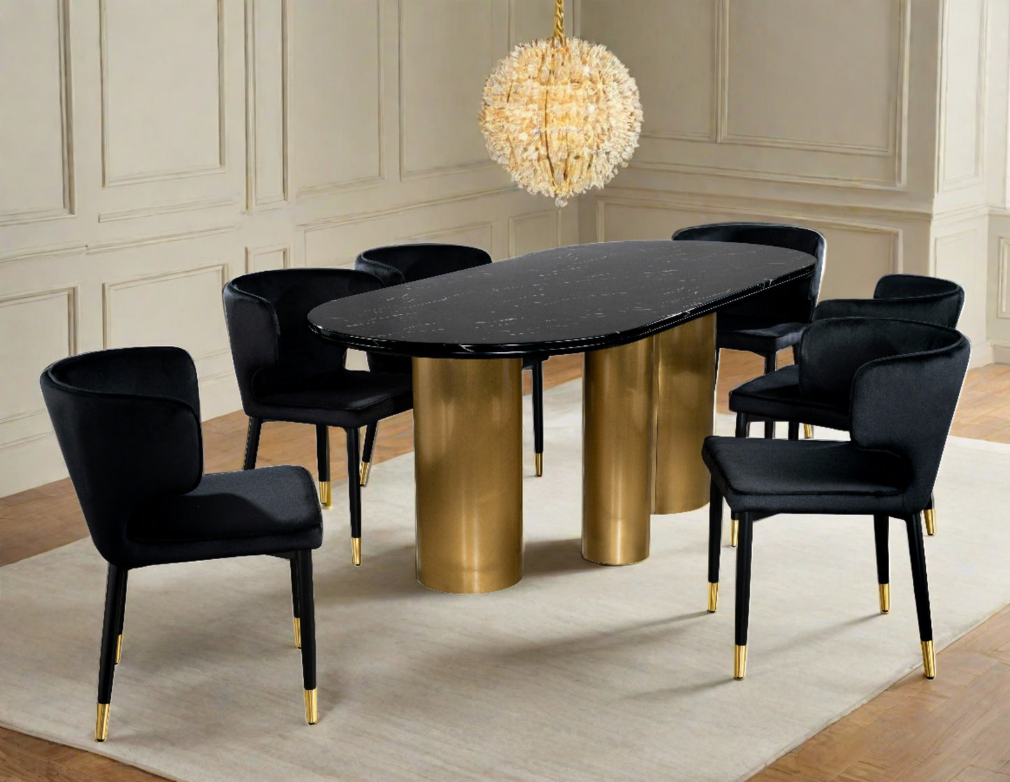 Balmain Stone Top Oval Dining Table for 6 with Black Chairs