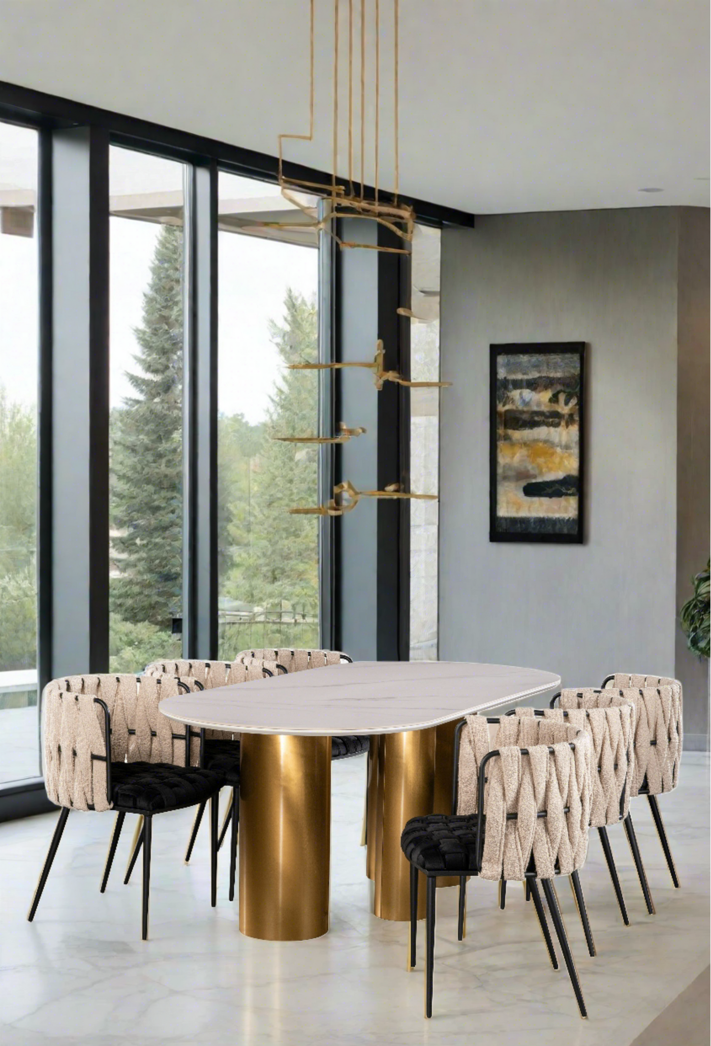 Balmain Stone Top Oval Dining Table for 6 in Gold and White