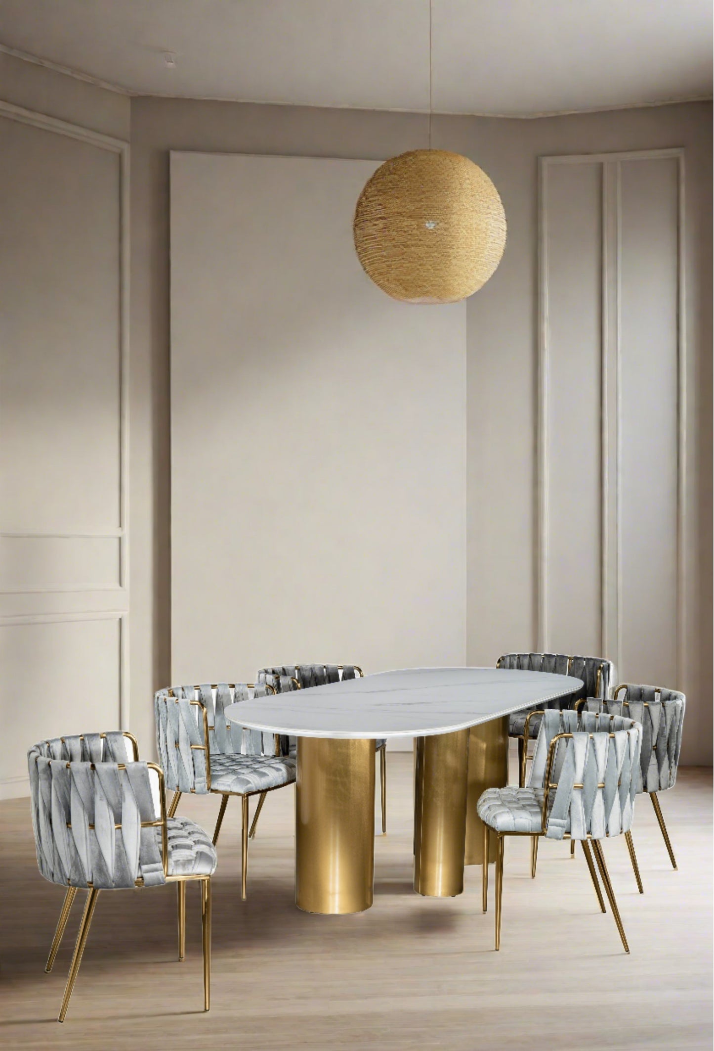 Balmain Stone Top Oval Dining Table for 6 in Gold and White