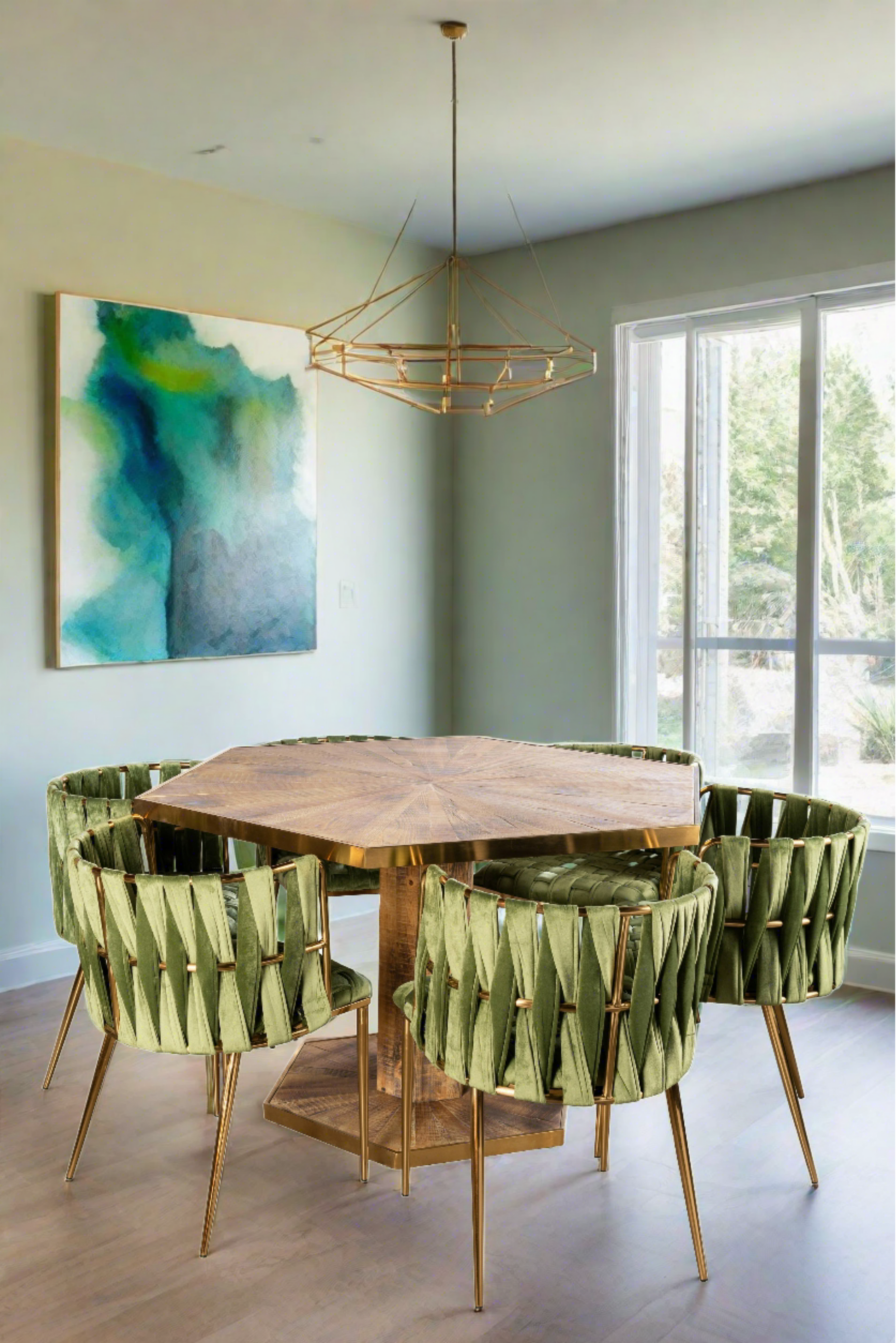 round wood brown dining table with green chairs