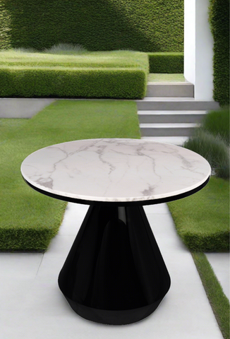  white marble top, black round indoor outdoor bistro table for 4