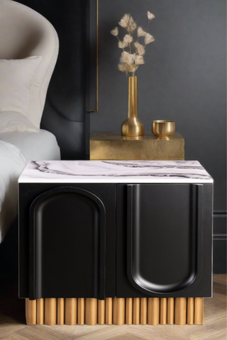 Black and white marble top, black and gold nightstand 36"w