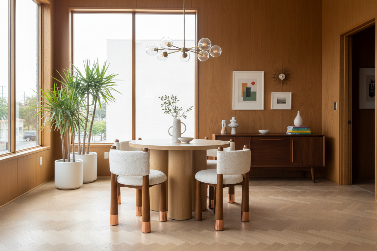 Dining room with wooden table and chairs, large windows, and decorative elements.