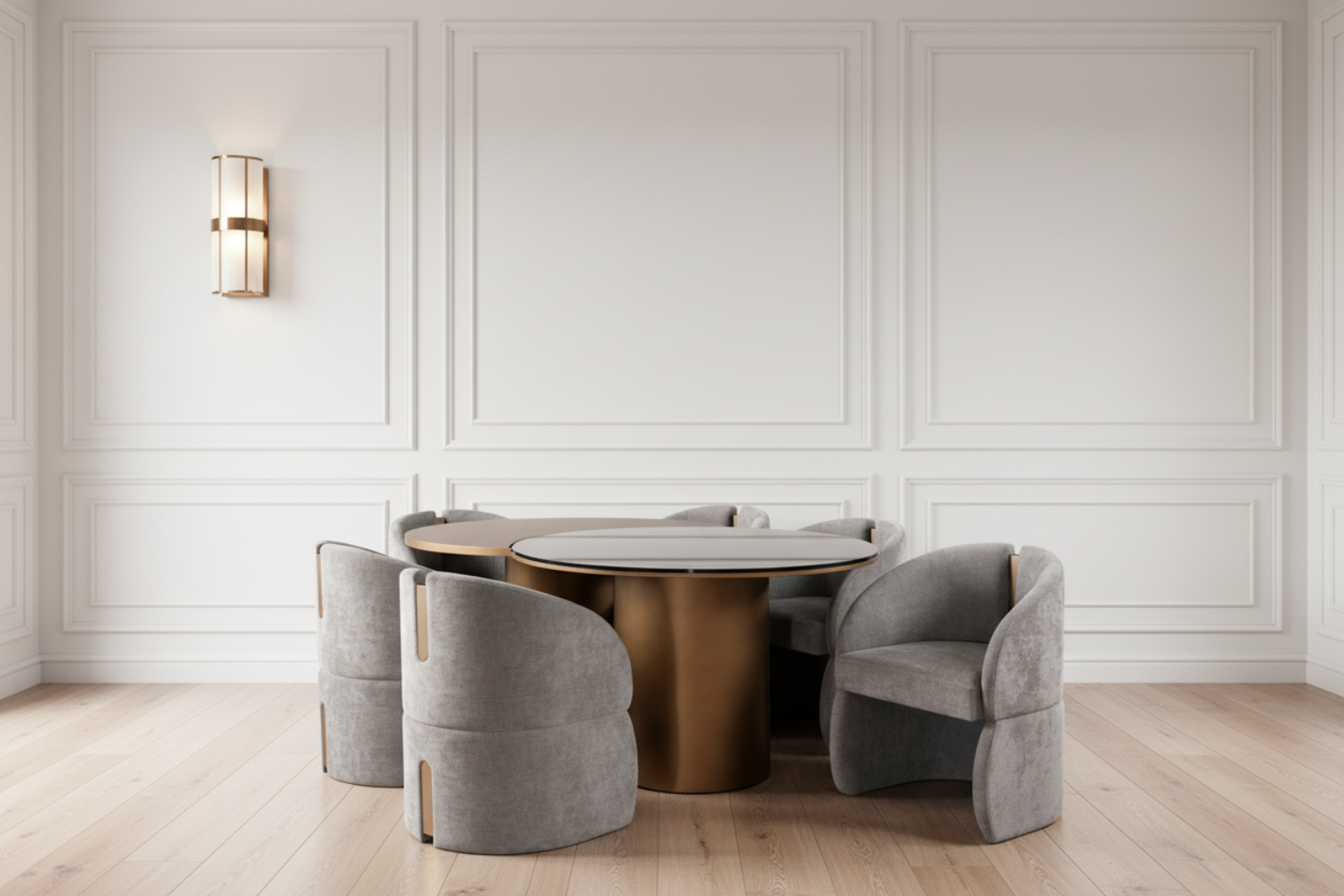 luxury chic dining table set for 6 with grau chairs