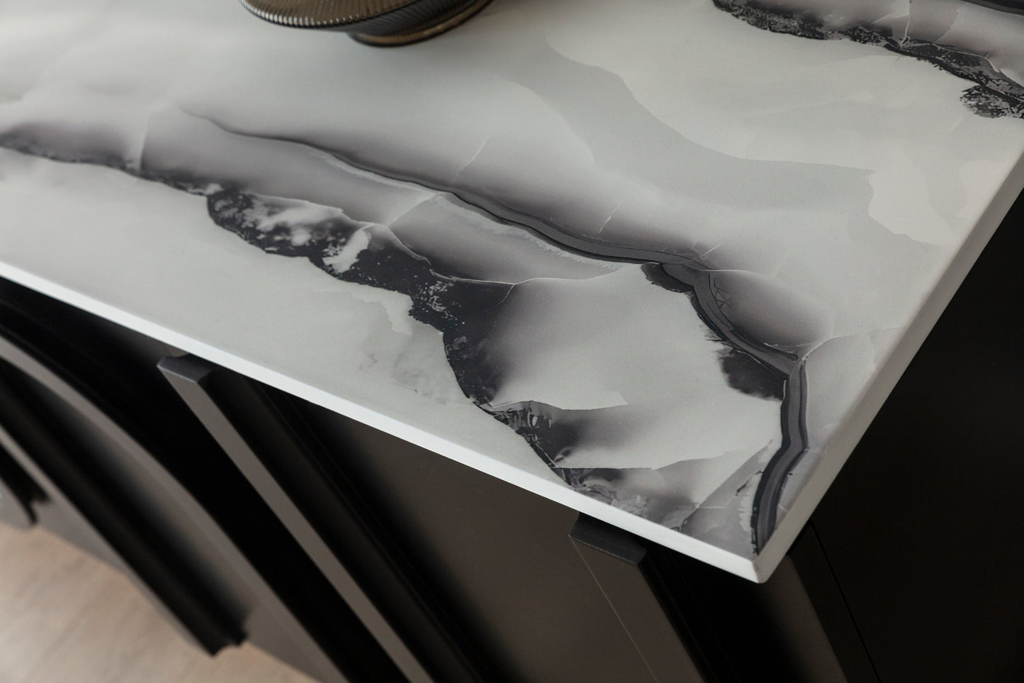 black and white marble top credenza