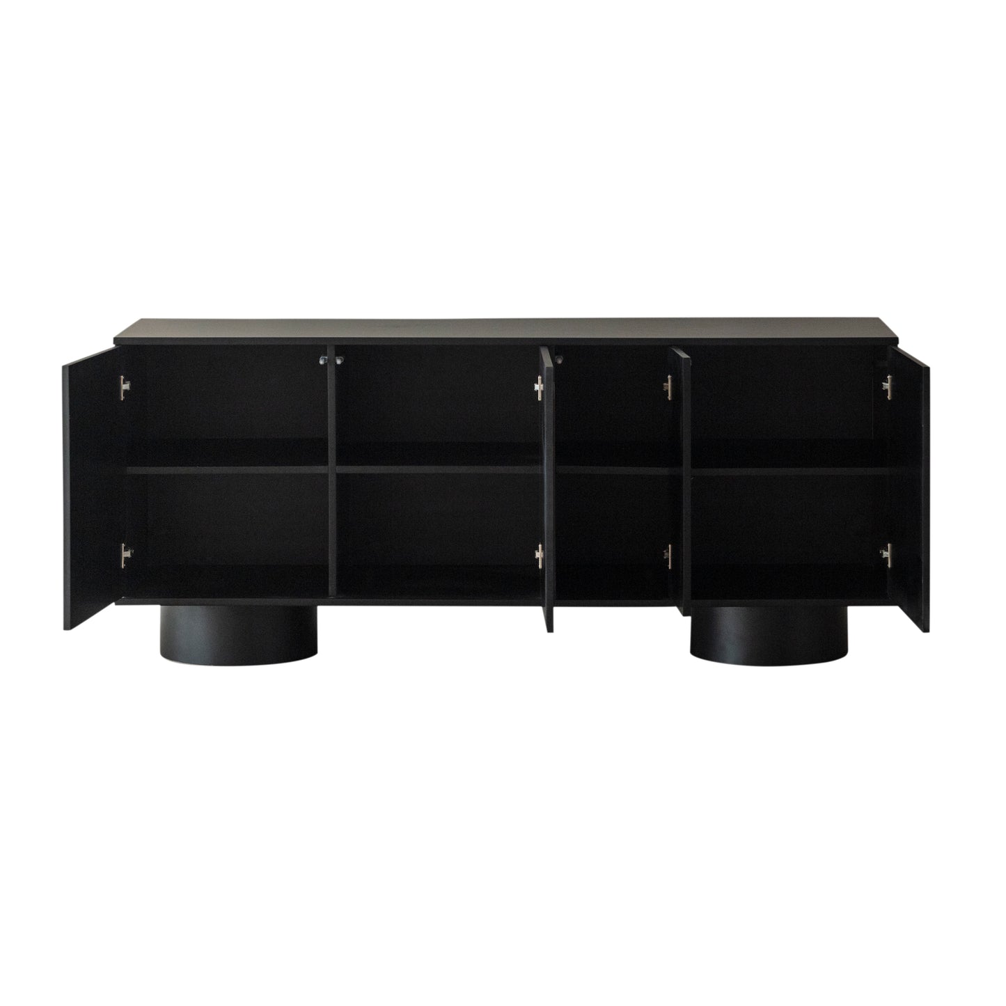 Black sideboard with open doors on a white background